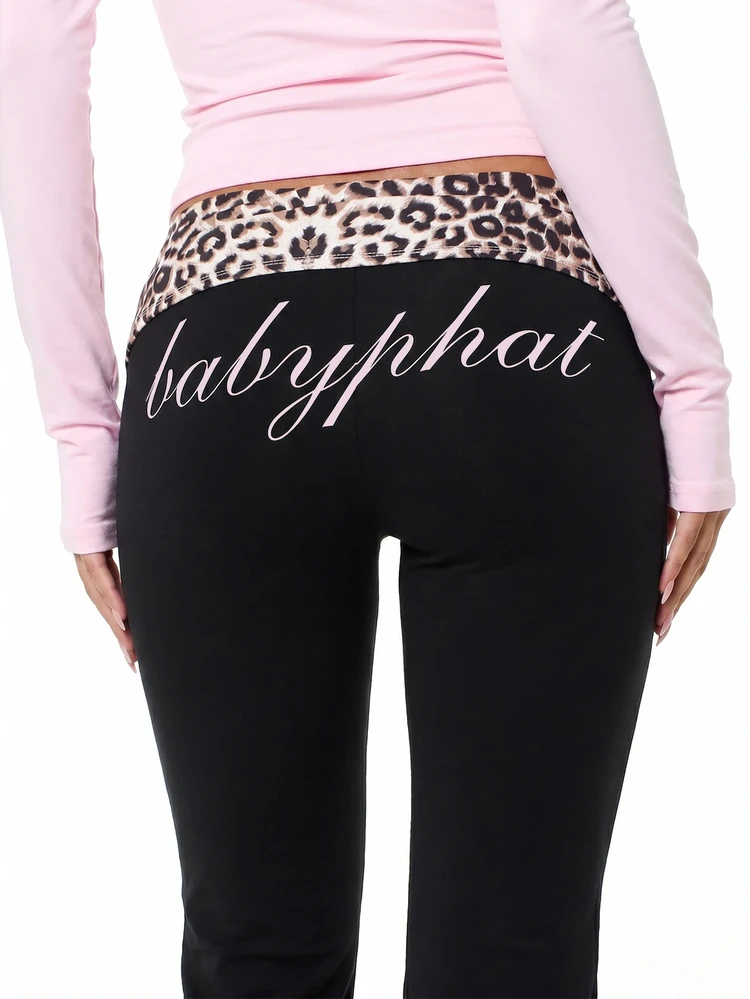 BABYPHAT Fold Over Waist Flare Leggings With Leopard Print Contrast Waistband And Script Logo Detail