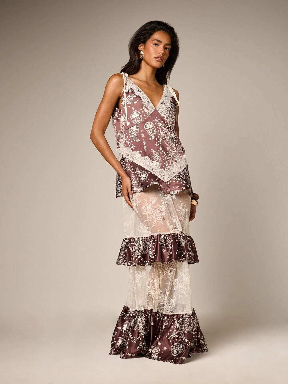 paisley printed boho ruffle maxi dress product info and reviews AiiRZ Boho Paisley Print V-Neck Ruffle Detail Long Bell Sleeve Maxi Dress AiiRZ