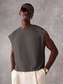 SUMWON Boxy Fit Raw Edge Crop Sleeveless Tank Top With Back Graphic Slogan Print Summer Streetwear - Dark Grey - View 2