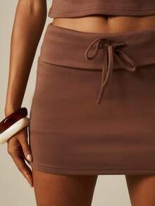 MISSGUIDED Ribbed V-Neck Crop Top And Drawstring Mini Skort Co-Ord Two-Piece Set Streetwear Summer Matching Outfit Back-To-School Brunch Brown Chocolate Brown - Multicolor - View 2