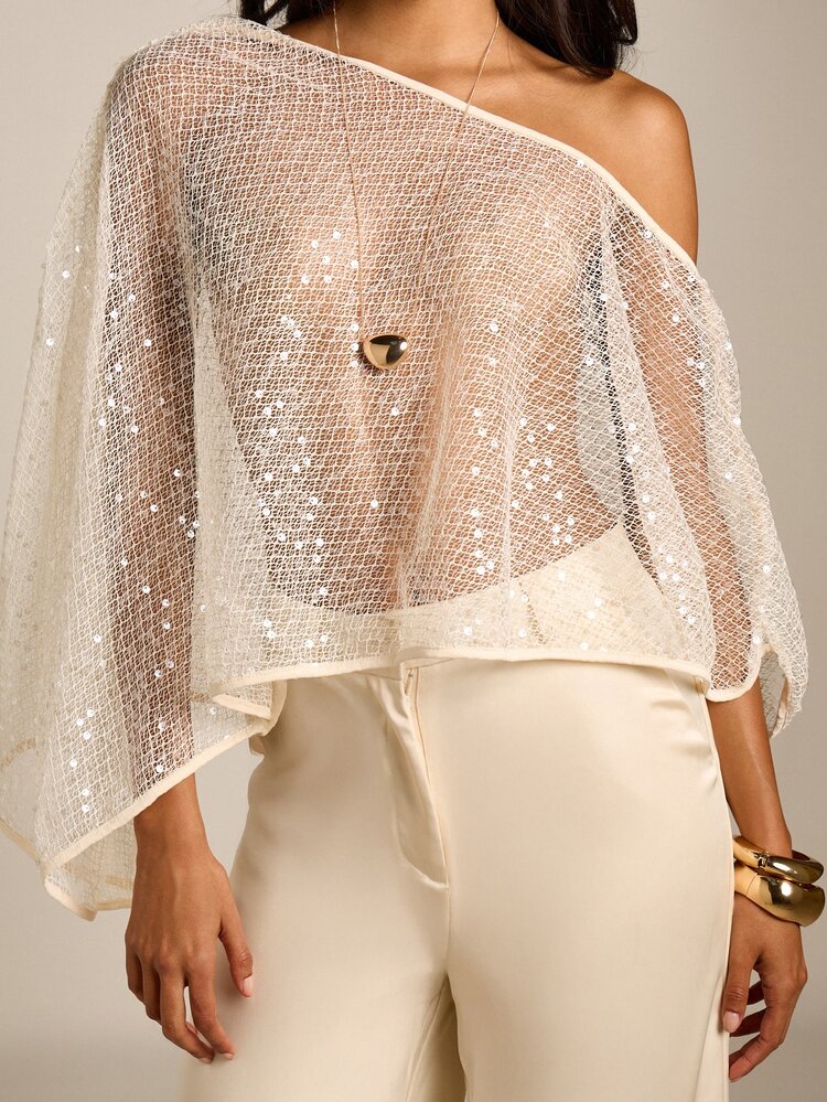 Sequin Mesh Asymmetric Cape Top With Batwing Sleeves
