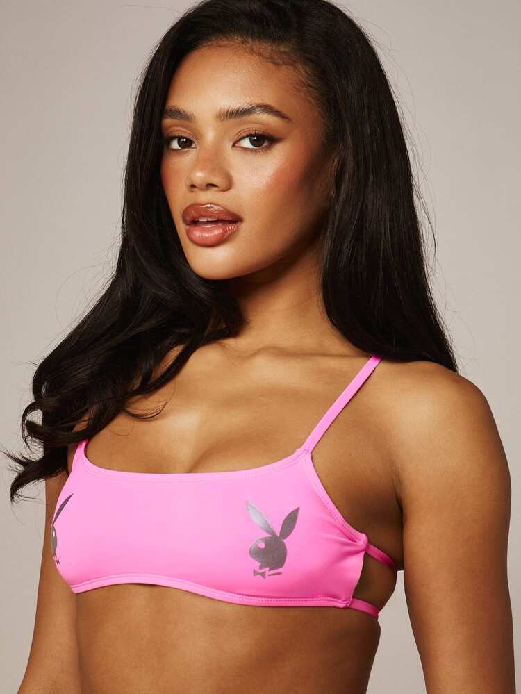 Missguided x Playboy Foil Print Scoop Neck Bikini Set With Thong Bottom