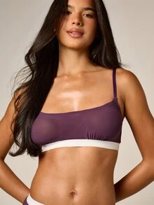 AiiRZ Mesh Bralette And Thong Panty Set With Contrast Elastic Band Spaghetti Straps Intimate Lingerie Two-Piece - Purple - View 2