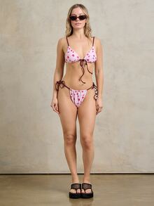 Rouah Pink Floral Triangle Bikini Set. Adjustable String Top High-Cut Side-Tie Bottoms, Two-Piece Bikini Set Beach Vacation Pool Party Tropical Summer - Multicolor - View 3