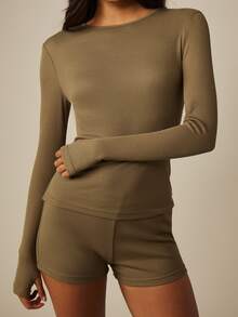 MISSGUIDED Ribbed Knit Long Sleeve Boat Neck Top And Mini Shorts Co-Ord Two-Piece Matching Set Lounge Everyday Olive Green Autumn Casual - Army Green - View 5