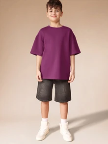 SUMWON Tween Boys Oversized Short Sleeve Crew Neck T-Shirt With Scripted Logo Embroidery On Back Casual Everyday Top - Purple - View 3