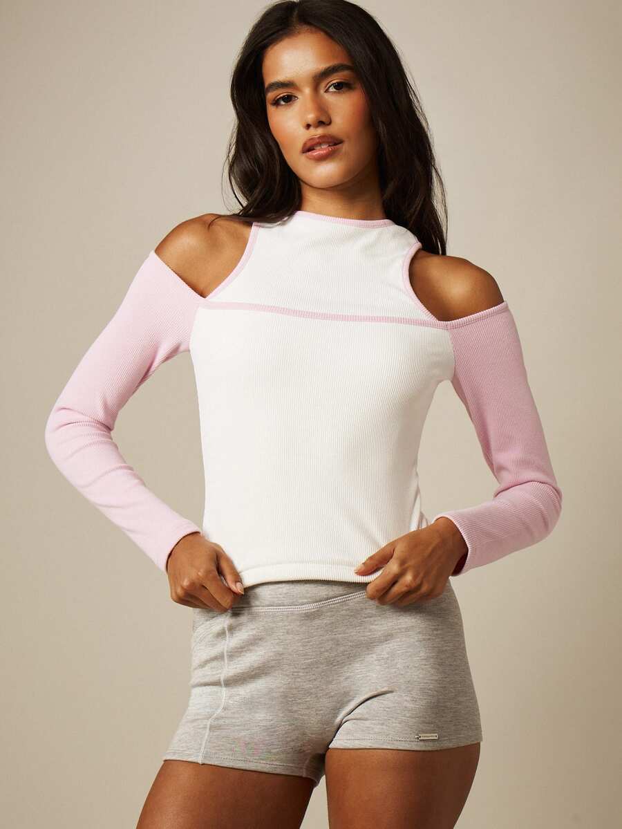 MISSGUIDED Double Layer Racer Cut-Out Cold Shoulder Long Sleeve Ribbed Knit Colorblock Raglan Top Gym Pink And White Summer Sporty Y2k - Multicolor - View 1