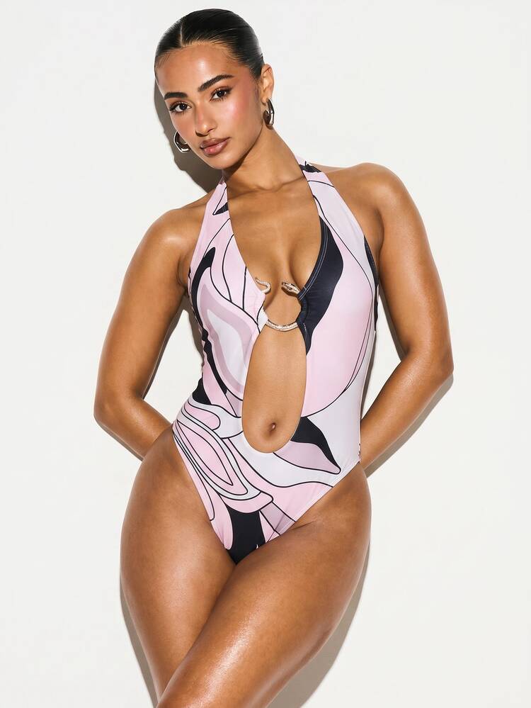 Halterneck One-Piece Swimsuit With Abstract Swirl Print