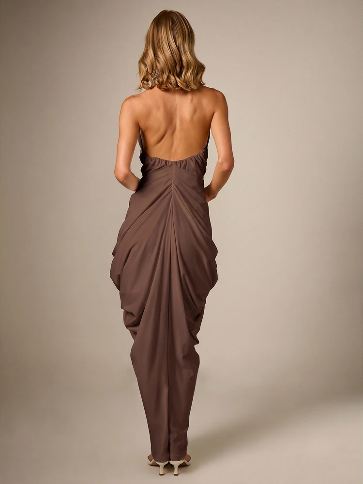 Draped Halter Maxi Dress With Deep V-Neck