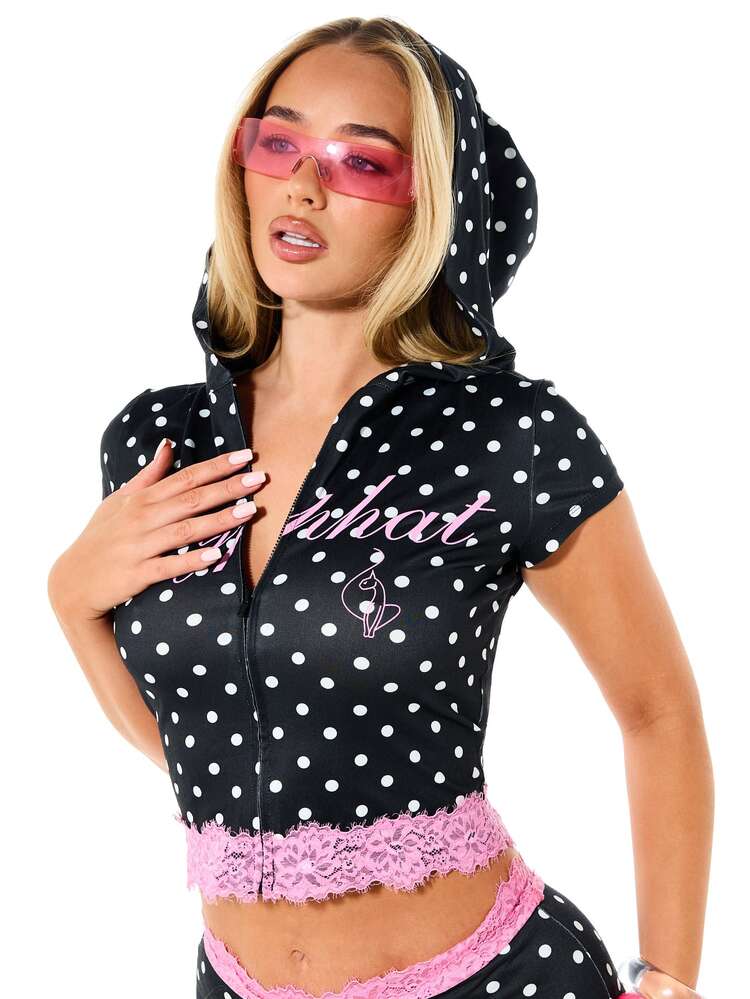 BABYPHAT Polka Dot Crop Zip-Up Kapuzenshirt mit rosa Spitzenbesatz und Logo-Muster Kurzarm