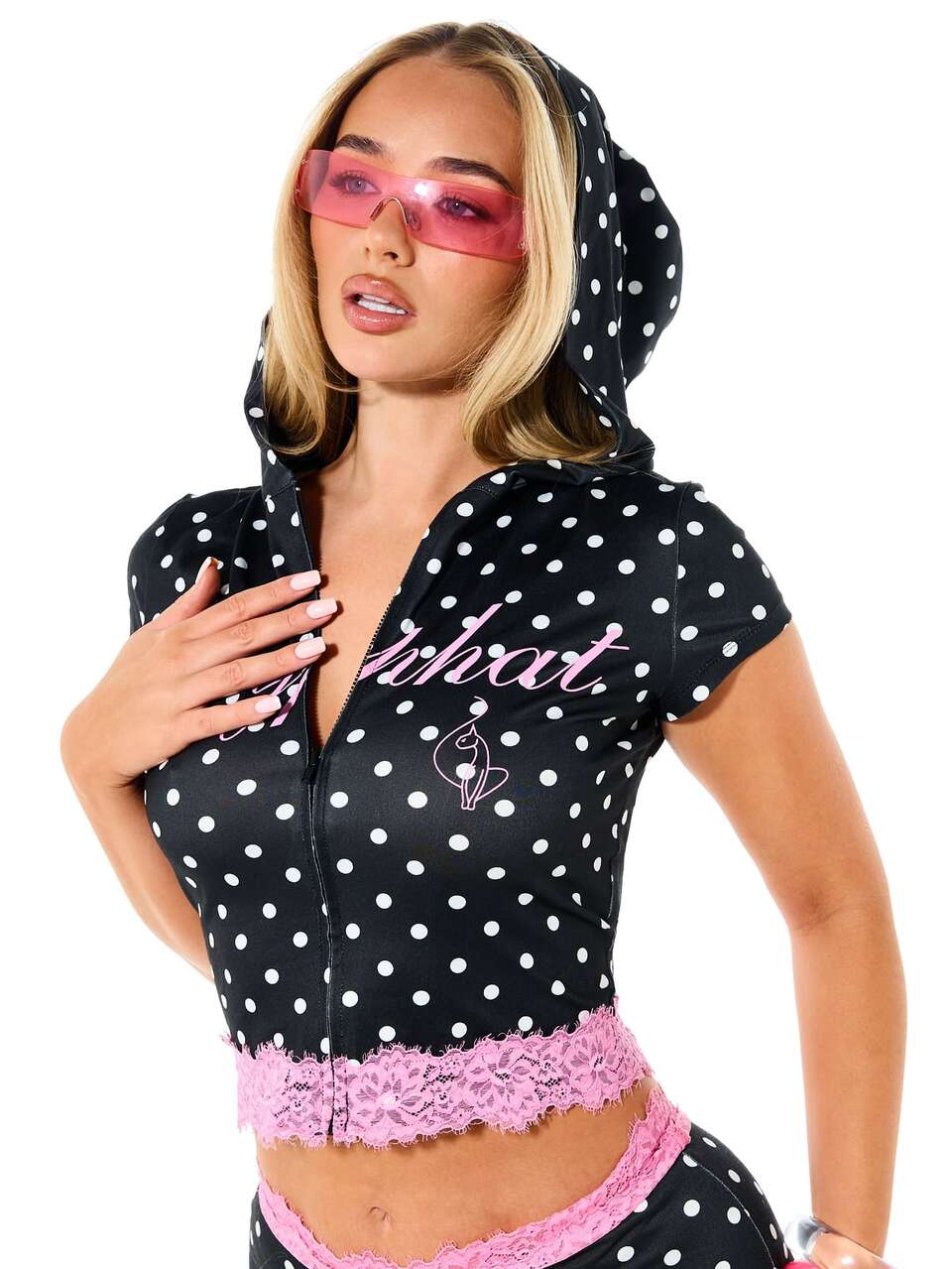 BABYPHAT Krótki top z kapturem i zamkiem w grochy, z różową koronkową obszywką i nadrukiem logo, z krótkim rękawem typu cap