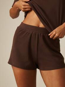 MISSGUIDED Ribbed Knit Co-Ord Set Cropped Boxy Tee And Mini Shorts Two-Piece Loungewear Matching Outfit - Coffee Brown - View 4