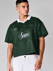 SUMWON Casual Box Fit Suede Polo Shirt With Embroidered Logo Script Detail V-Neck Collared Short Sleeve Top - Green - View 6