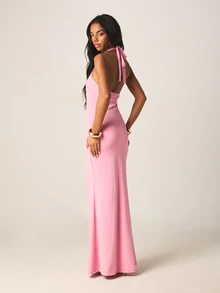 MISSGUIDED Slinky Halter Neck Maxi Dress With Square Neckline Open Back Tie Detail And Thigh High Split - Pink - View 3
