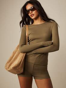 MISSGUIDED Ribbed Knit Long Sleeve Boat Neck Top And Mini Shorts Co-Ord Two-Piece Matching Set Lounge Everyday Olive Green Autumn Casual - Army Green - View 1