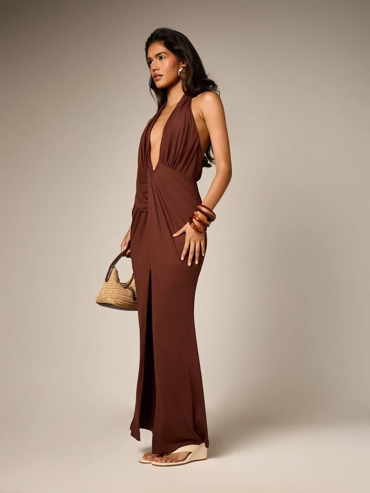 Cowl Drape Halter Maxi Dress With Open Back Slit