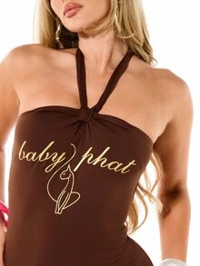 BABYPHAT Logo Halter Neck Bodycon Mini Dress With Gold Script Print Party Summer Dress - Brown - View 4