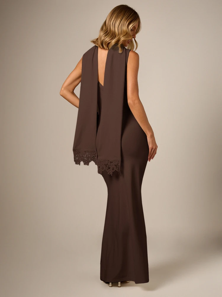 Cowl Neck Mermaid Maxi Dress With Lace Trim Scarf