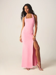 MISSGUIDED Slinky Halter Neck Maxi Dress With Square Neckline Open Back Tie Detail And Thigh High Split - Pink - View 1