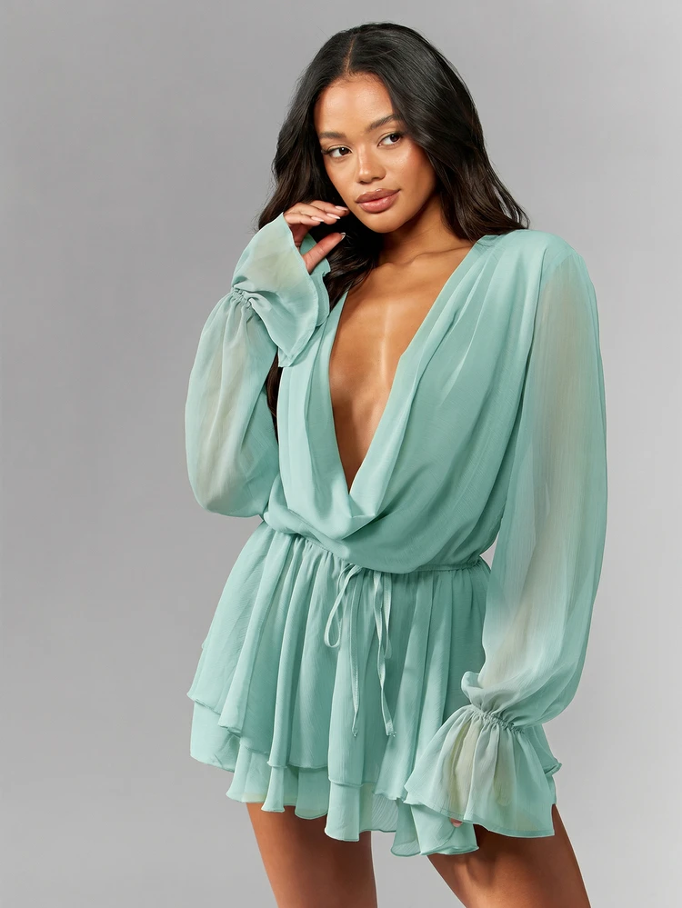 MISSGUIDED Chiffon Cowl Drape Mini Dress With Ruffle Tiered Skirt Deep V-Neck Long Bishop Sleeves Open Back Summer Party