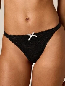 AiiRZ Lace Triangle Bralette And Thong Set With Contrast Bow Detail Lingerie Two-Piece Intimate Set - Black - View 6