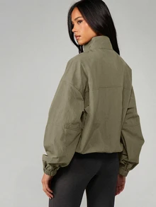 MISSGUIDED 超大款半拉链漏斗领防风夹克，配有弹性袖口和前拉链口袋 - 軍綠色 - 查看 2