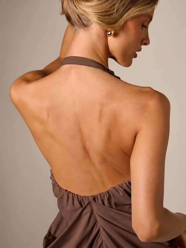Draped Halter Maxi Dress With Deep V-Neck