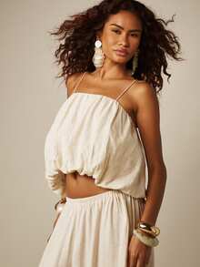 MISSGUIDED Bộ đồ hai mảnh gồm áo croptop và quần harem ống rộng phối vải lanh, thích hợp cho lễ hội mùa hè. - Màu be - Xem 6