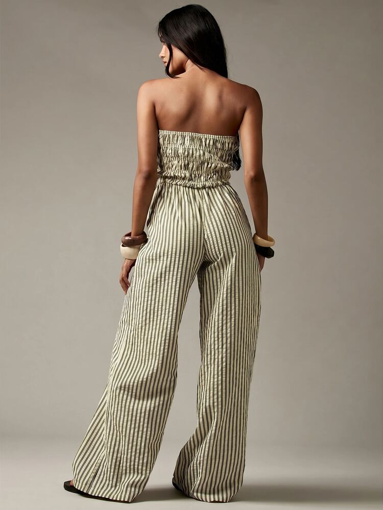 MISSGUIDED Bandeau Strapless Shirred Bodice Tie Front Wide Leg Jumpsuit Striped Summer Beach Vacation One Piece