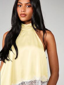 MISSGUIDED 緞面掛脖上衣 白色蕾絲飾邊不對稱下擺露背派對細肩帶背心 - 黃色 - 查看 5