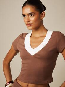 MISSGUIDED Ribbed V-Neck Crop Top And Drawstring Mini Skort Co-Ord Two-Piece Set Streetwear Summer Matching Outfit Back-To-School Brunch Brown Chocolate Brown - Multicolor - View 5