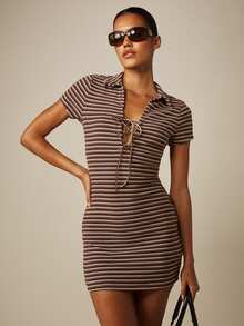 MISSGUIDED Brown Stripe Lace-Up Collared Cap Sleeve Bodycon Mini Dress Polo Style Fitted Stretch Summer Party Night Out Club Casual Sexy - Brown - View 1