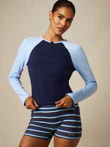 MISSGUIDED Camiseta corta con cuello henley, mangas raglán de contraste y cintura ceñida con diseño de bloques de color - Azul - Ver 5