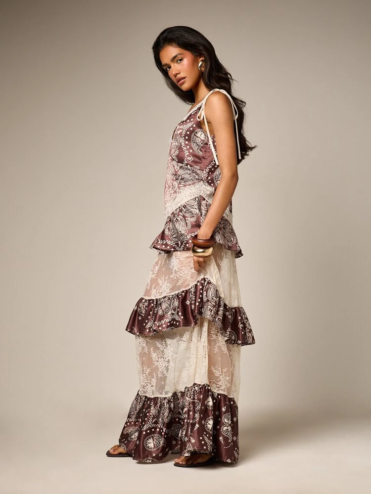 Paisley Print Tiered Ruffle Maxi Dress With Lace Panels