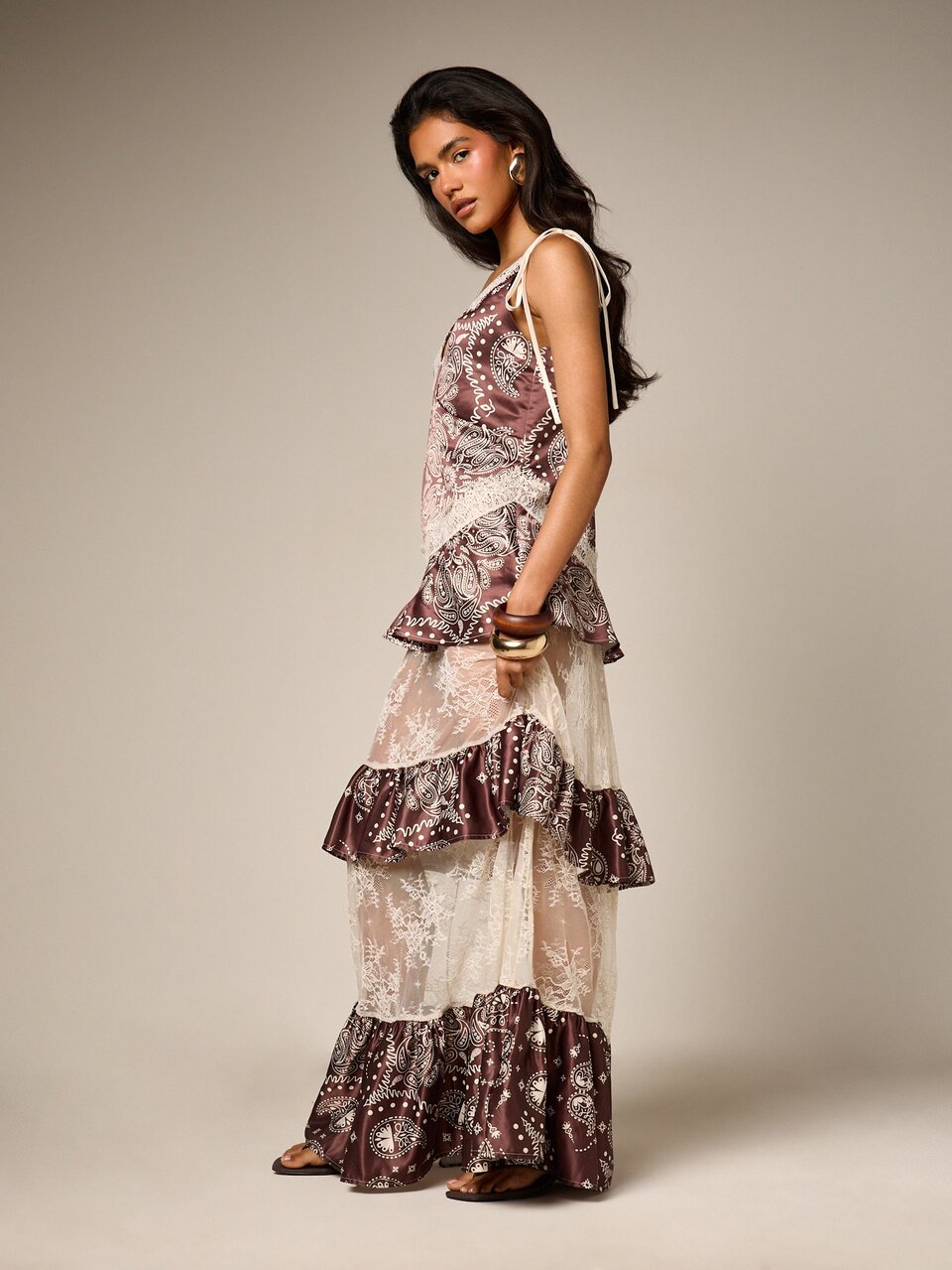 AiiRZ Paisley Print Tiered Ruffle Maxi Dress With Lace Panels