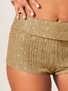 MISSGUIDED Shorts mini de punto con lentejuelas y detalle de cintura plegable, estilo bohemio para playa y festivales de verano - Caqui - Ver 5