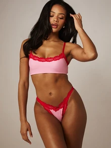 MISSGUIDED Contrast Lace Trim Thong Underwear With Scalloped Lace Trim Low Rise V-Shape Waistband Intimate Lingerie - Pink - View 4