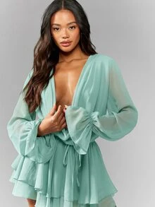 MISSGUIDED Chiffon Cowl Drape Mini Dress With Ruffle Tiered Skirt Deep V-Neck Long Bishop Sleeves Open Back Summer Party - Baby Blue - View 4