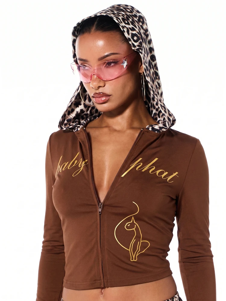 BABYPHAT Zip-Up Cropped Jersey Hoodie Top With Contrast Leopard Print Hood And Gold Script Logo