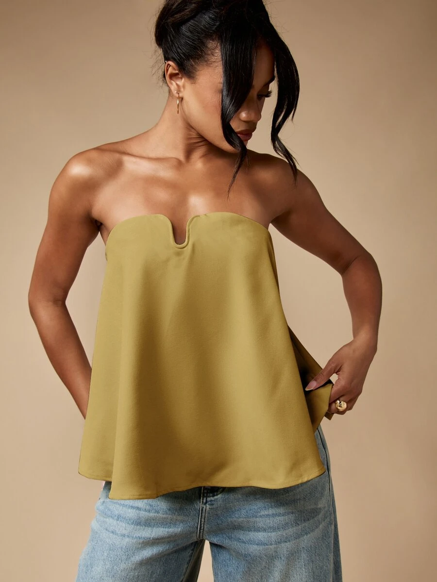 MISSGUIDED Strapless U-Bend Neckline Flared Swing Top With Zip Back Closure For Date Night Or Summer Occasions - Pale Yellow - View 1