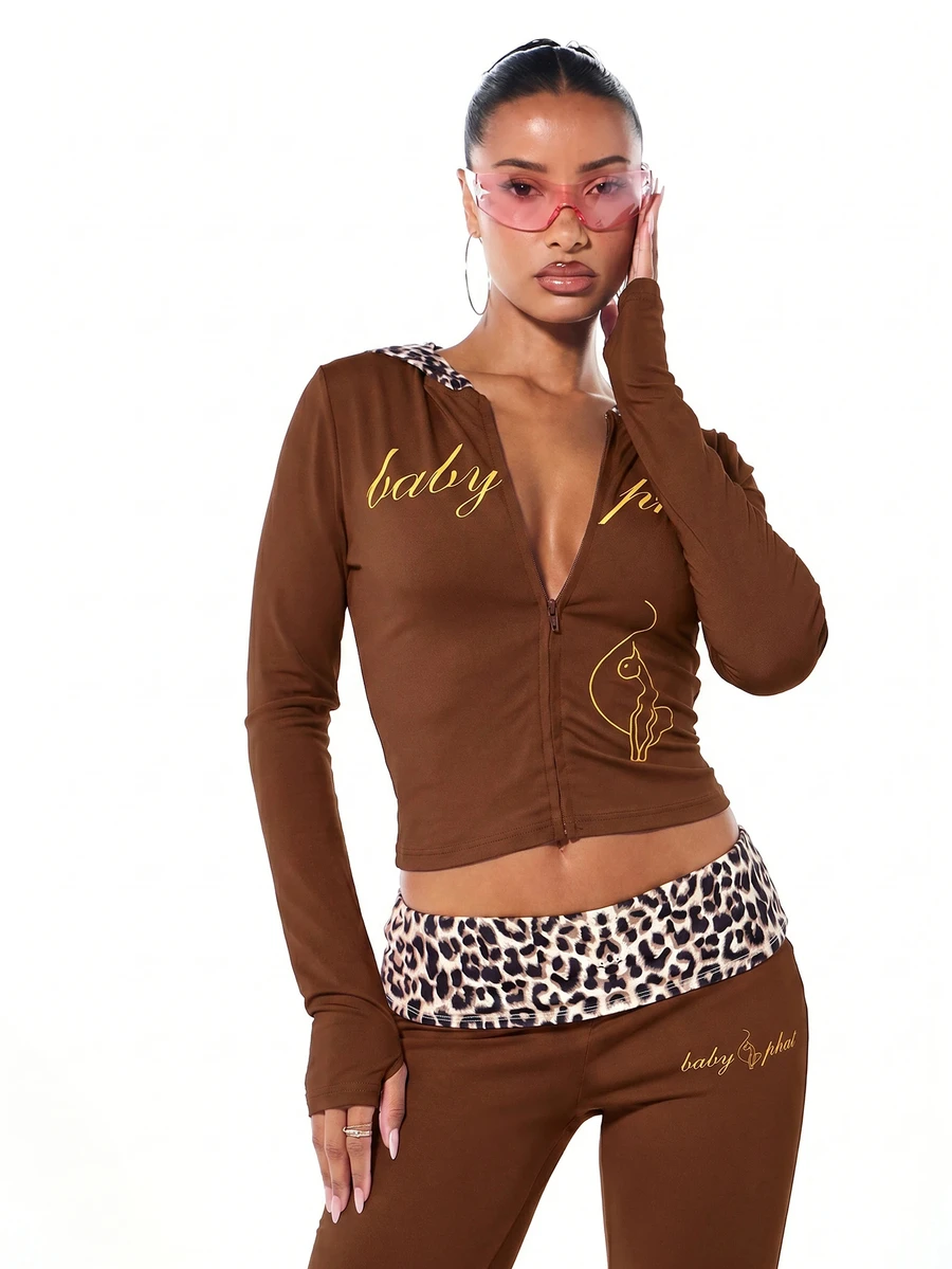 BABYPHAT Zip-Up Cropped Jersey Hoodie Top With Contrast Leopard Print Hood And Gold Script Logo