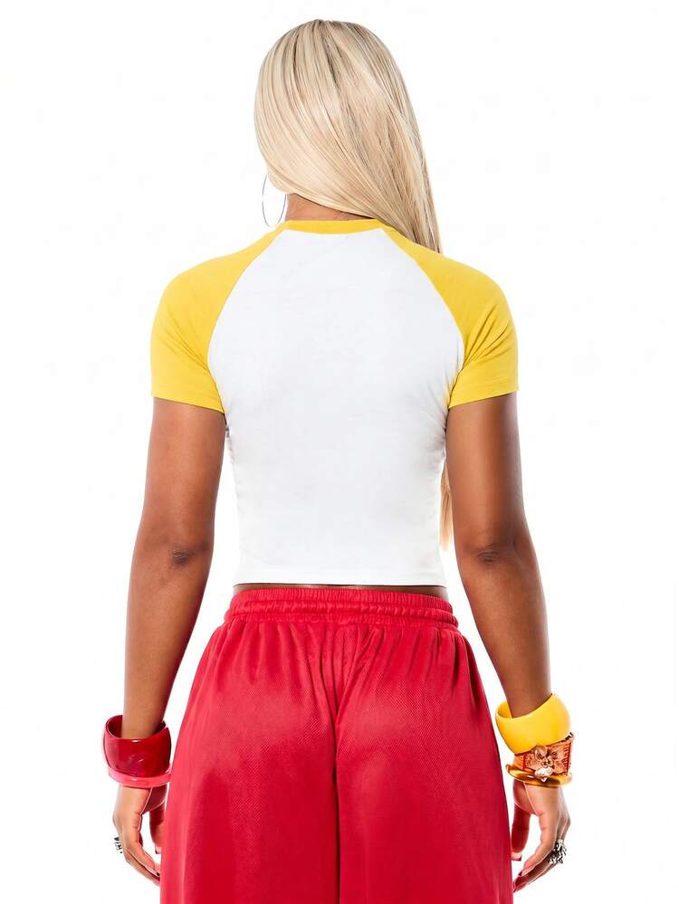 SUMWON WOMEN Cropped Raglan Slim Fit Tee With Contrast Sleeves And I Love Ballers Graphic Print Front