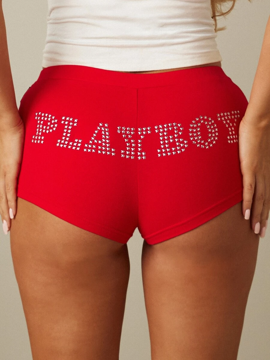 Missguided x Playboy Star Stud Booty Shorts With Silver Rhinestone Logo Detail Low Rise Mini Length Summer Festival - Red - View 1