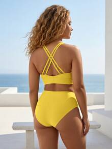 ELLERISSA Plus Size Yellow High Waist Cross Strap Back Bikini Set - Yellow - View 2