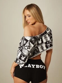 Missguided x Playboy Celana Pendek Booty dengan Logo Kelinci, Garis-Garis di Sisi, Panel Samping Kontras, dan Cetakan Logo. - Hitam - View 2