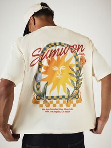 SUMWON Studios Boxy Fit Resort Graphic T-Shirt With Sun Print Back And Logo Chest Summer Crew Neck Tee - Apricot - View 1