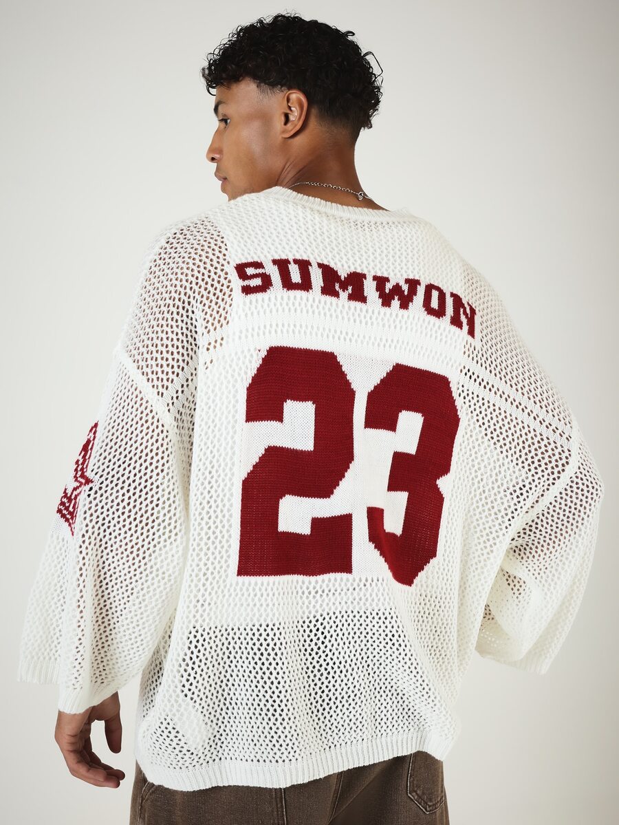 SUMWON Oversized Open Mesh Knit Varsity Number 23 Crew Neck Long Sleeve Jersey Style Sweater Top - White - View 1