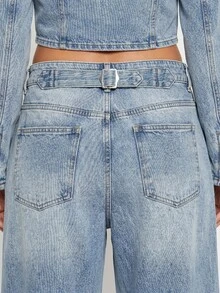 KIZN Wide Leg Denim Jeans With Silver Stud Side Seam Detail, Washed Mid-Rise Five-Pocket Style - Blue - View 5