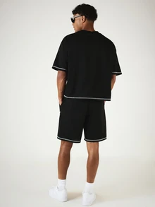 SUMWON Oversized Crew Neck Short Sleeve T-Shirt And Shorts Co-Ord Set With Contrast Stitch Detailing - Black - View 2