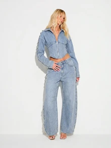 KIZN Wide Leg Denim Jeans With Silver Stud Side Seam Detail, Washed Mid-Rise Five-Pocket Style - Blue - View 3